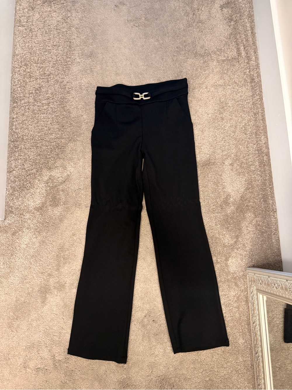 Black straight leg stretchy Pants with Decorative Gold Buckle